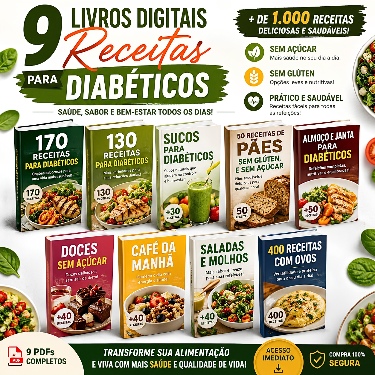 Mockup dos 9 e-books de receitas para diabéticos